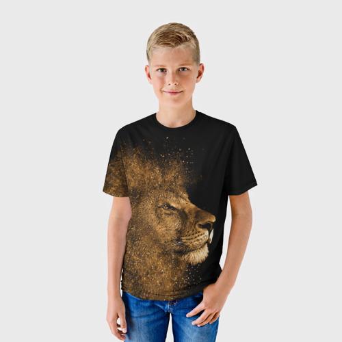 Детская футболка 3D с принтом Золотой лев на черном фоне, фото на моделе #1