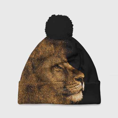 Шапка 3D c помпоном Золотой лев на черном фоне, цвет 3D печать