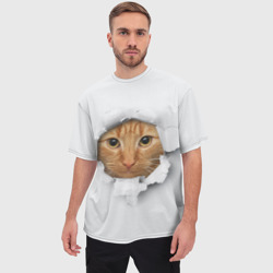 Мужская футболка oversize 3D Рыжий кот разрывает пространство - фото 2