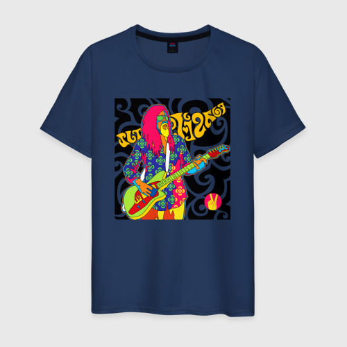 Мужская футболка хлопок Мужчина с гитарой ретро, цвет темно-синий