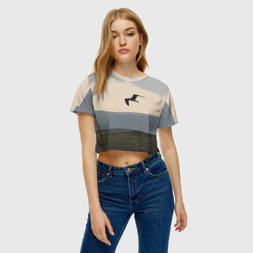 Женская футболка Crop-top 3D Чайка над холмами, цвет 3D печать - фото 3