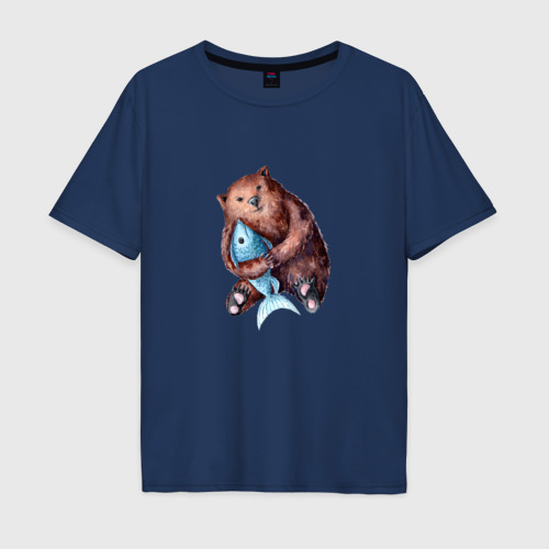 Мужская футболка хлопок Oversize с принтом Медведь-рыбак, вид спереди #2