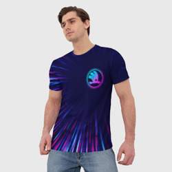 Мужская футболка 3D Skoda neon Speed lines - фото 2