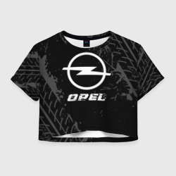 Женская футболка Crop-top 3D Opel Speed на темном фоне со следами шин