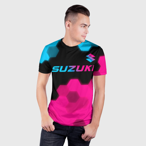 Мужская футболка 3D Slim Suzuki - neon gradient: символ сверху, цвет 3D печать - фото 3