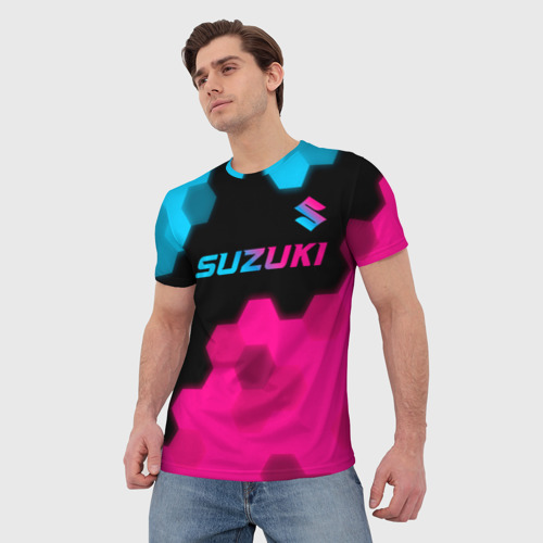 Мужская футболка 3D Suzuki - neon gradient: символ сверху, цвет 3D печать - фото 3