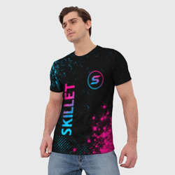 Футболка с принтом Skillet - neon gradient: надпись, символ для мужчины, вид на модели спереди №2. Цвет основы: белый