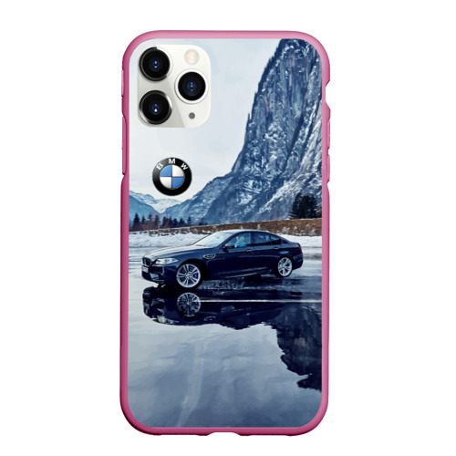 Чехол для iPhone 11 Pro Max матовый с принтом БМВ у горного озера, вид спереди #2