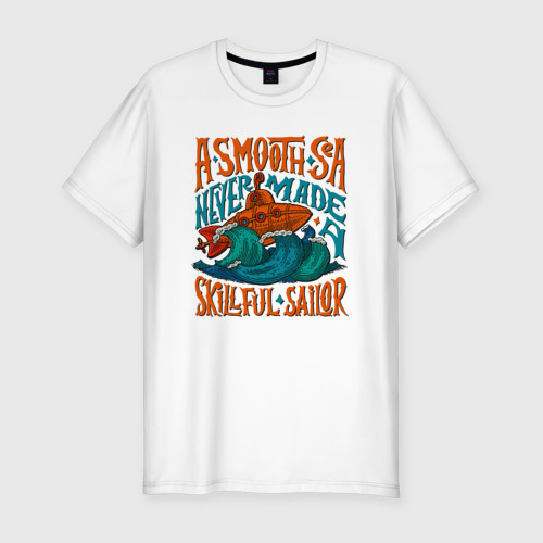 Мужская футболка хлопок Slim с принтом Подводная лодка и волны, вид спереди #2