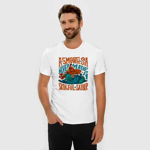 Мужская футболка хлопок Slim с принтом Подводная лодка и волны, фото на моделе #1