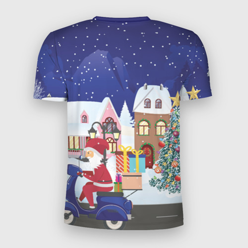 Мужская футболка 3D Slim с принтом Дед Мороз едет на скутере с подарками в Новогоднюю ночь, вид сзади #1
