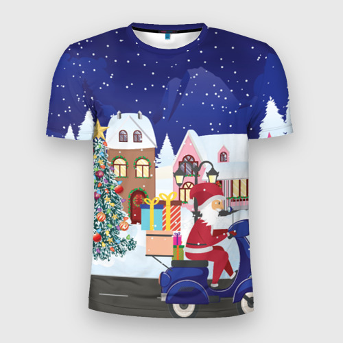 Мужская футболка 3D Slim с принтом Дед Мороз едет на скутере с подарками в Новогоднюю ночь, вид спереди #2