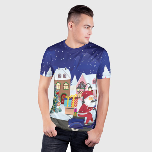 Мужская футболка 3D Slim с принтом Дед Мороз едет на скутере с подарками в Новогоднюю ночь, фото на моделе #1