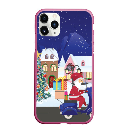 Чехол для iPhone 11 Pro Max матовый с принтом Дед Мороз едет на скутере с подарками в Новогоднюю ночь, вид спереди #2