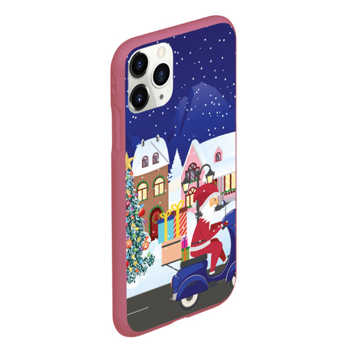 Чехол для iPhone 11 Pro Max матовый с принтом Дед Мороз едет на скутере с подарками в Новогоднюю ночь, вид сбоку #3