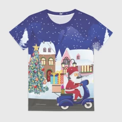 Женская футболка 3D Дед Мороз едет на скутере с подарками в Новогоднюю ночь