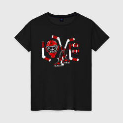 Женская футболка хлопок Love хоккейными принадлежностями