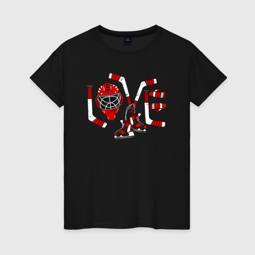 Женская футболка хлопок Love хоккейными принадлежностями, цвет черный