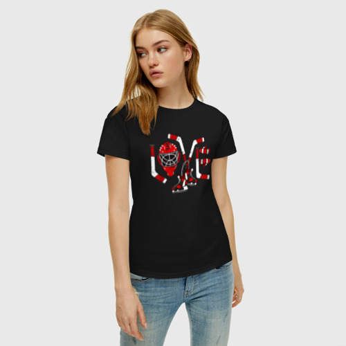 Женская футболка хлопок Love хоккейными принадлежностями, цвет черный - фото 3