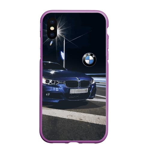 Чехол для iPhone XS Max матовый BMW на ночной трассе, цвет фиолетовый