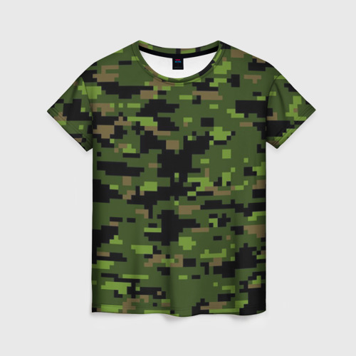 Женская футболка 3D с принтом Камуфляж лесной пиксель, вид спереди #2