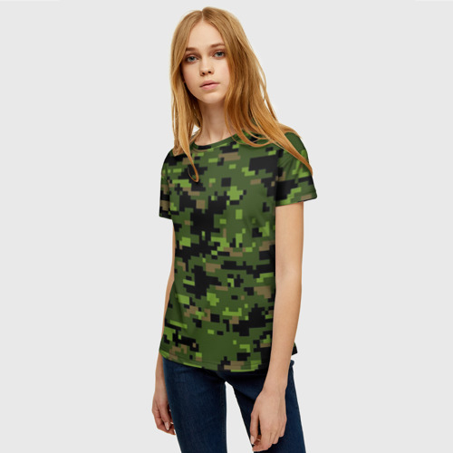 Женская футболка 3D с принтом Камуфляж лесной пиксель, фото на моделе #1