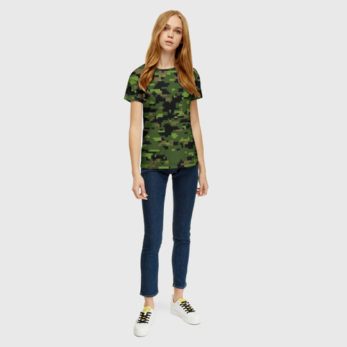 Женская футболка 3D с принтом Камуфляж лесной пиксель, вид сбоку #3