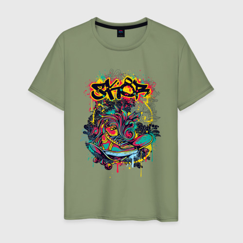 Мужская футболка хлопок Граффити сникерсы и скейт, цвет авокадо