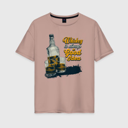 Женская футболка хлопок Oversize Бутылка виски и стаканы