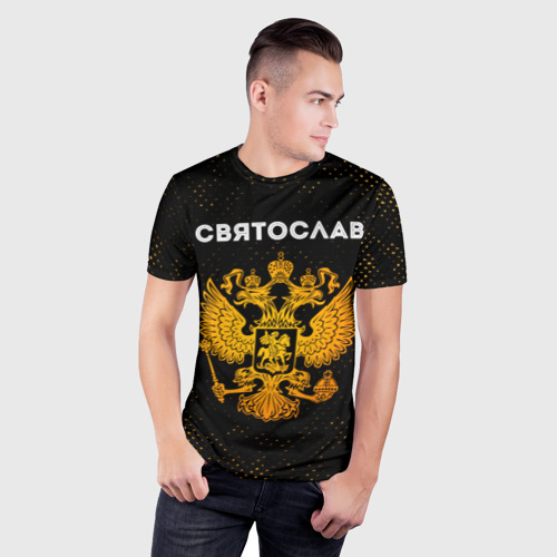 Мужская футболка 3D Slim с принтом Святослав и зологой герб РФ, фото на моделе #1
