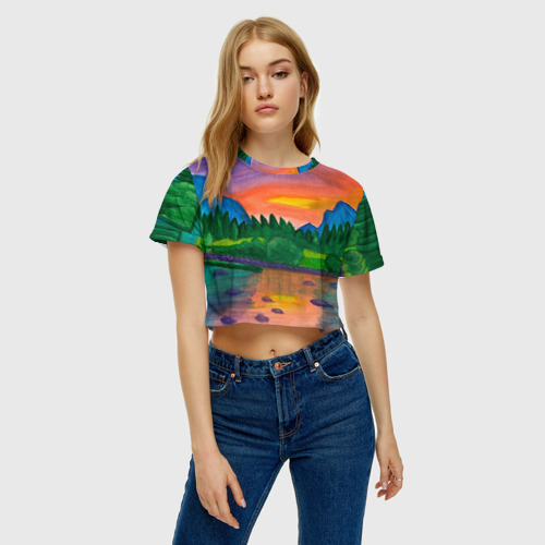 Женская футболка Crop-top 3D Закат на реке, цвет 3D печать - фото 3