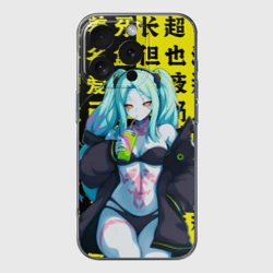 Чехол для iPhone 16 Pro силиконовый с защитой камеры Ребекка и иероглифы - Киберпанк аниме