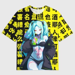 Женская футболка oversize 3D Ребекка и иероглифы - Киберпанк аниме