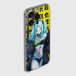 Чехол для iPhone 16 Pro силиконовый с защитой камеры Ребекка и иероглифы - Киберпанк аниме - фото 2