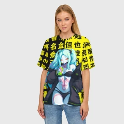 Женская футболка oversize 3D Ребекка и иероглифы - Киберпанк аниме - фото 2