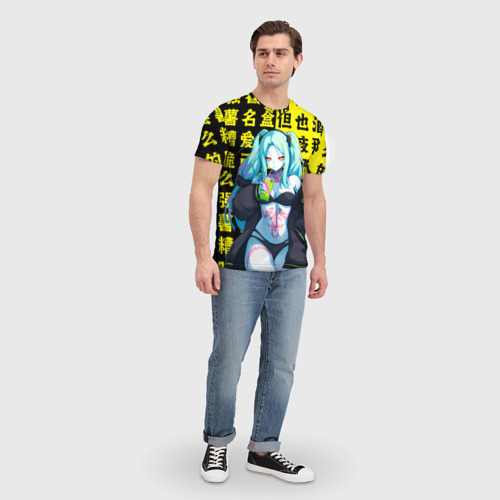Мужская футболка 3D Ребекка и иероглифы - Киберпанк аниме, цвет 3D печать - фото 5