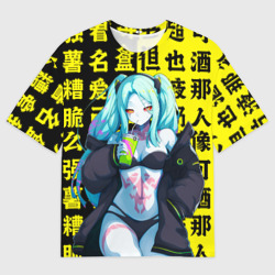 Мужская футболка oversize 3D Ребекка и иероглифы - Киберпанк аниме