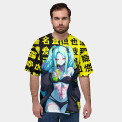 Мужская футболка oversize 3D Ребекка и иероглифы - Киберпанк аниме - фото 2