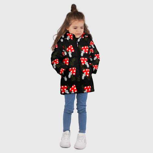 Зимняя куртка для девочек 3D Мухоморы на черном фоне, цвет черный - фото 5