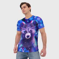 Мужская футболка 3D Волшебный енот в цветах - фото 2