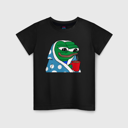 Детская футболка хлопок с принтом Frog Pepe with tea, вид спереди #2