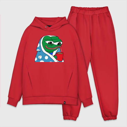 Мужской костюм oversize хлопок Frog Pepe with tea, цвет красный