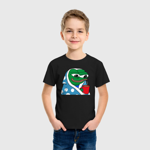 Детская футболка хлопок с принтом Frog Pepe with tea, фото на моделе #1
