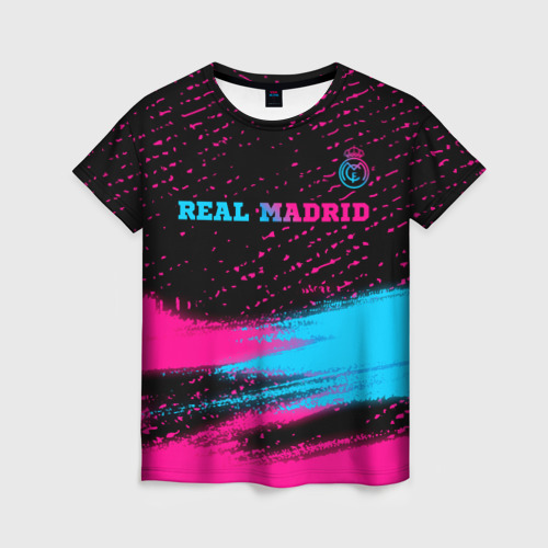 Женская футболка 3D с принтом Real Madrid - neon gradient: символ сверху, вид спереди #2