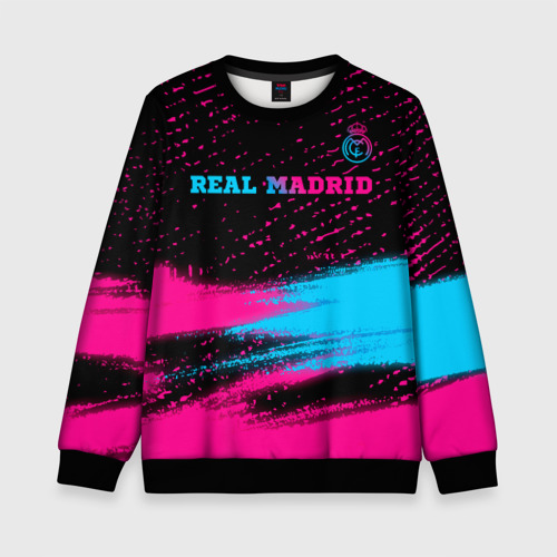 Детский свитшот 3D с принтом Real Madrid - neon gradient: символ сверху, вид спереди #2