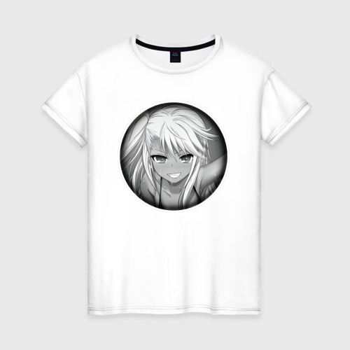 Женская футболка из хлопка с принтом Ахегао девушка хорни, вид спереди №1