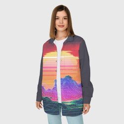 Женская рубашка oversize 3D Синтвейв неоновые горы на закате - фото 2