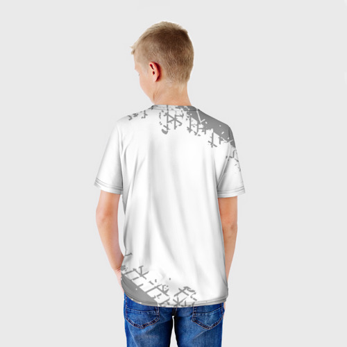 Детская футболка 3D с принтом Peugeot speed на светлом фоне со следами шин, вид сзади #2