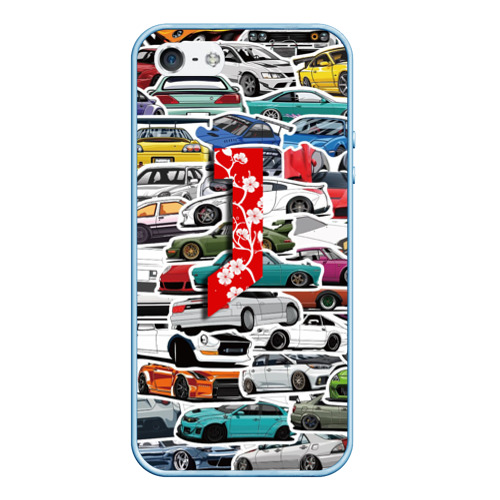 Чехол для iPhone 5/5S матовый JDM автомобили 90х, цвет голубой