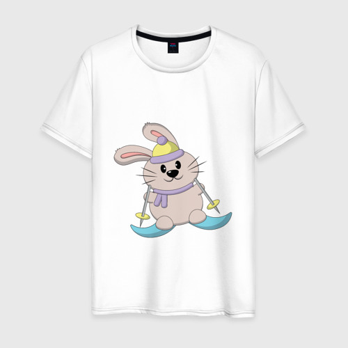 Мужская футболка из хлопка с принтом Кролик - лыжник, вид спереди №1